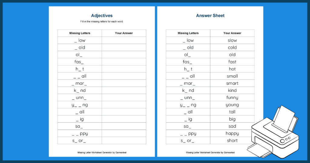 Example worksheets from a missing letter worksheet generator.
