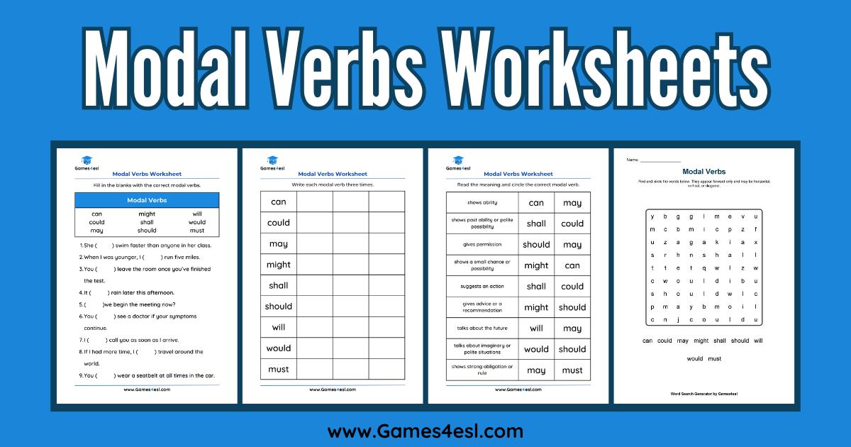 An image showing several modal verbs worksheets on a blue background.