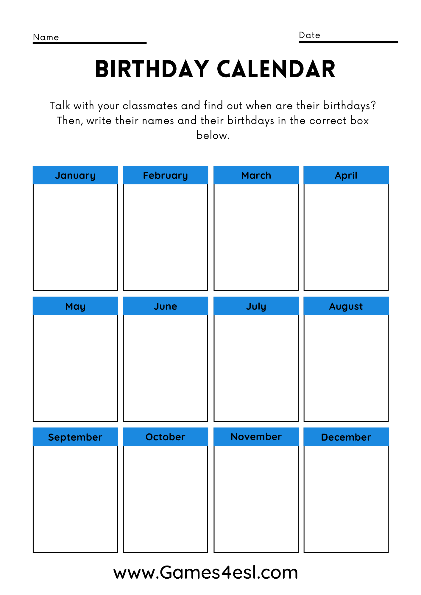 Months Of The Year Worksheets | Games4esl, image size:1414x2000