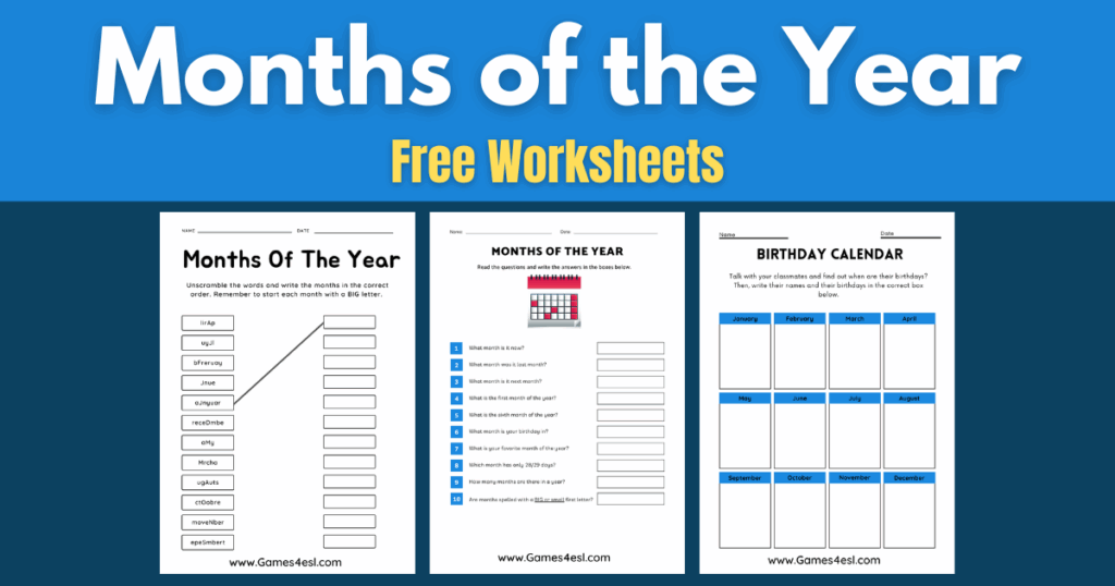 A preview of printable worksheets to teach months of the year in English.