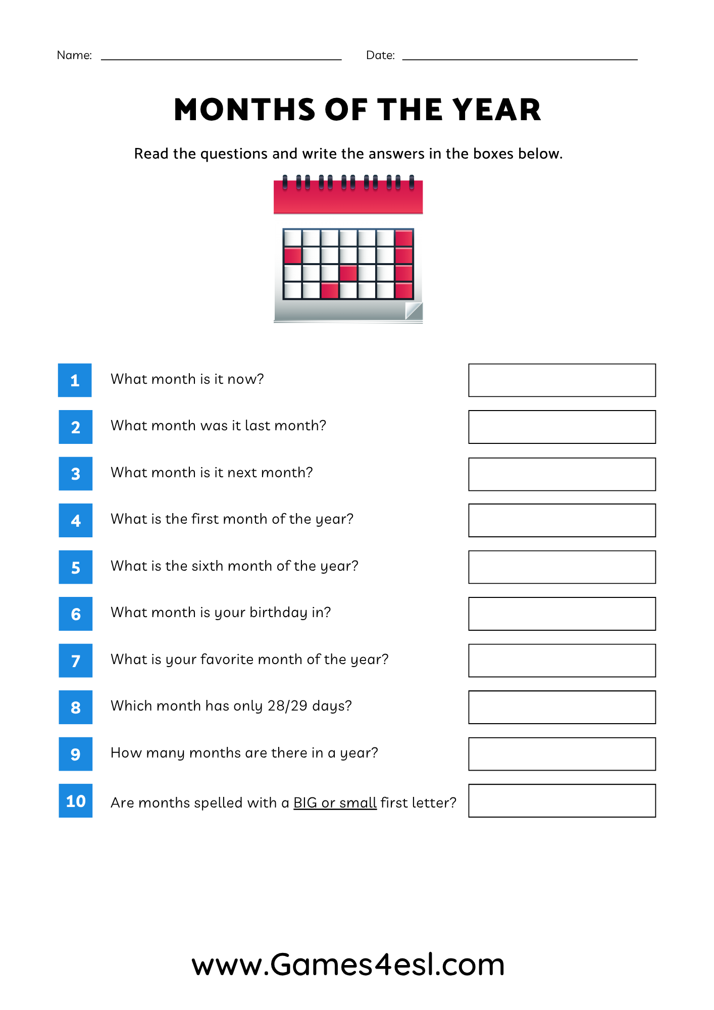 A printable months of the year worksheet with questions for beginners.