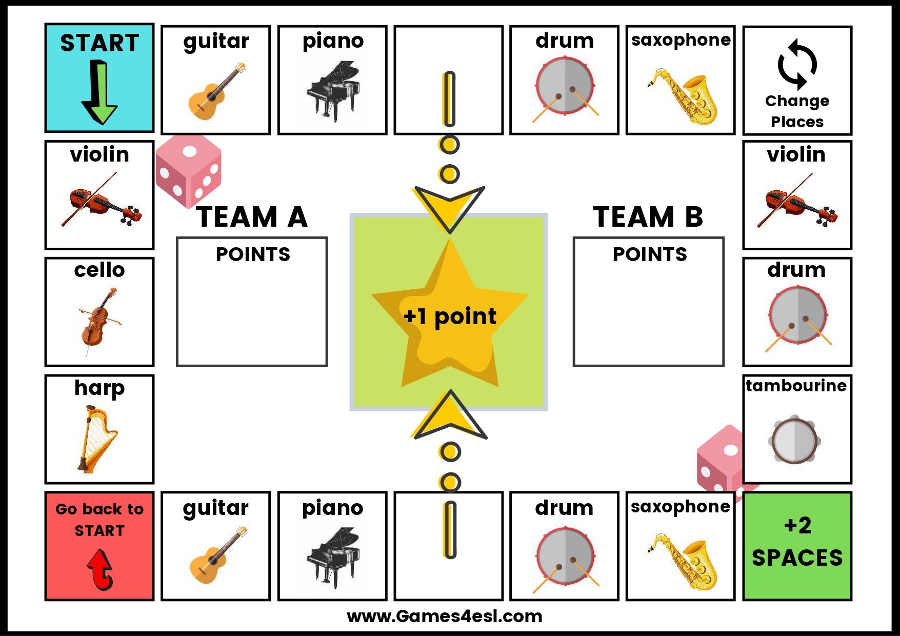 A printable board game to teach the names of musical instruments in English.