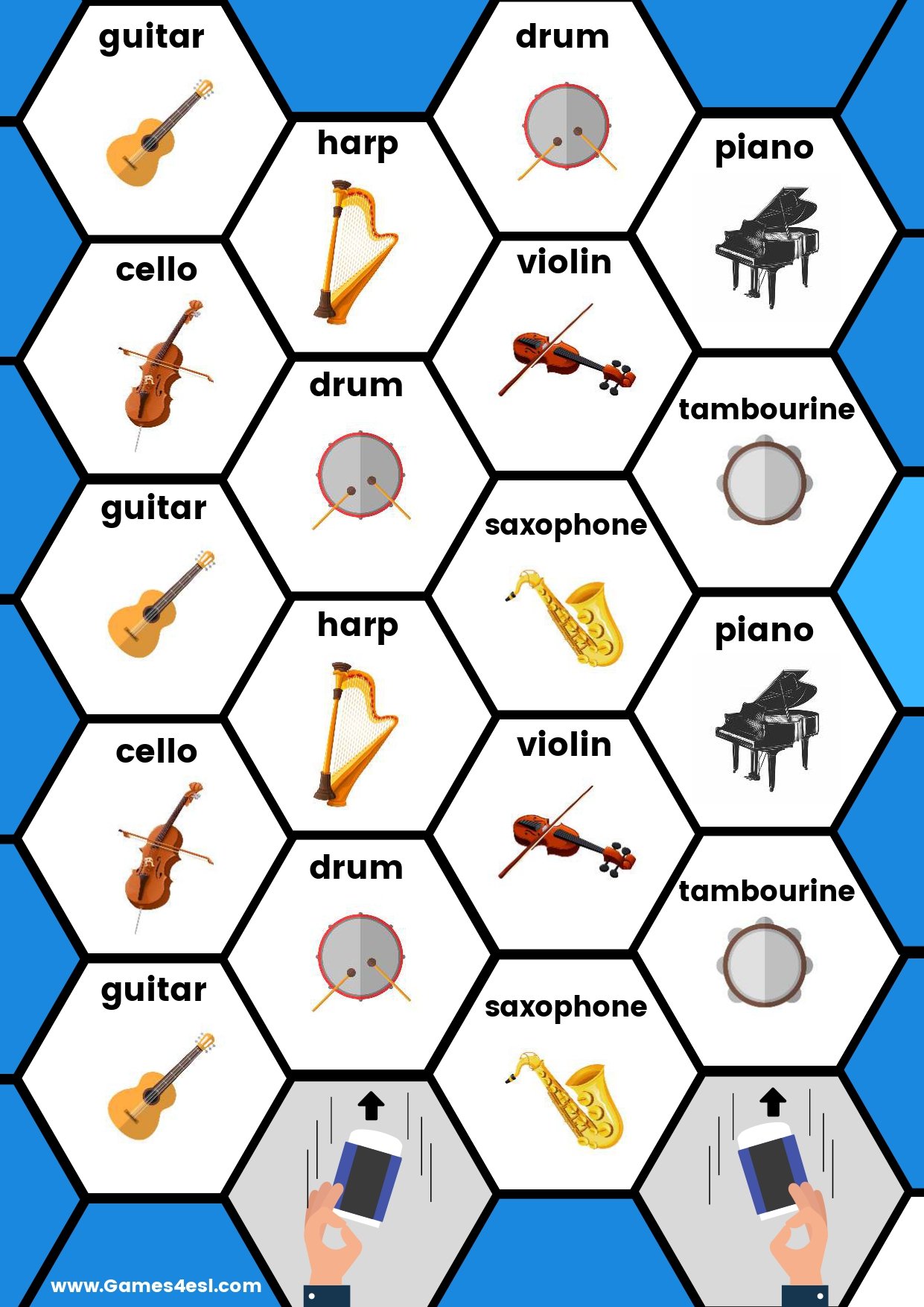 A printable board game to teach the names of musical instruments in English.