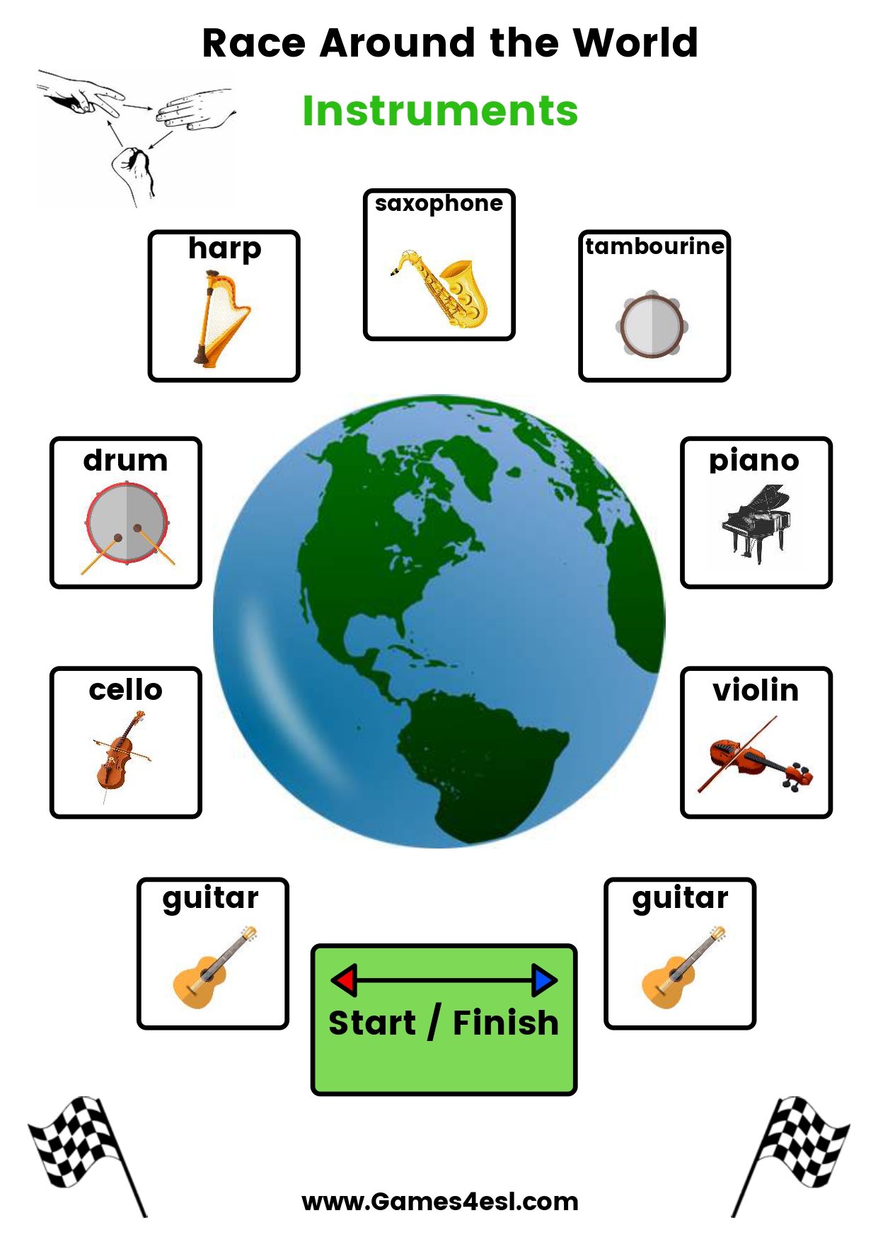 A printable board game to teach the names of musical instruments in English.