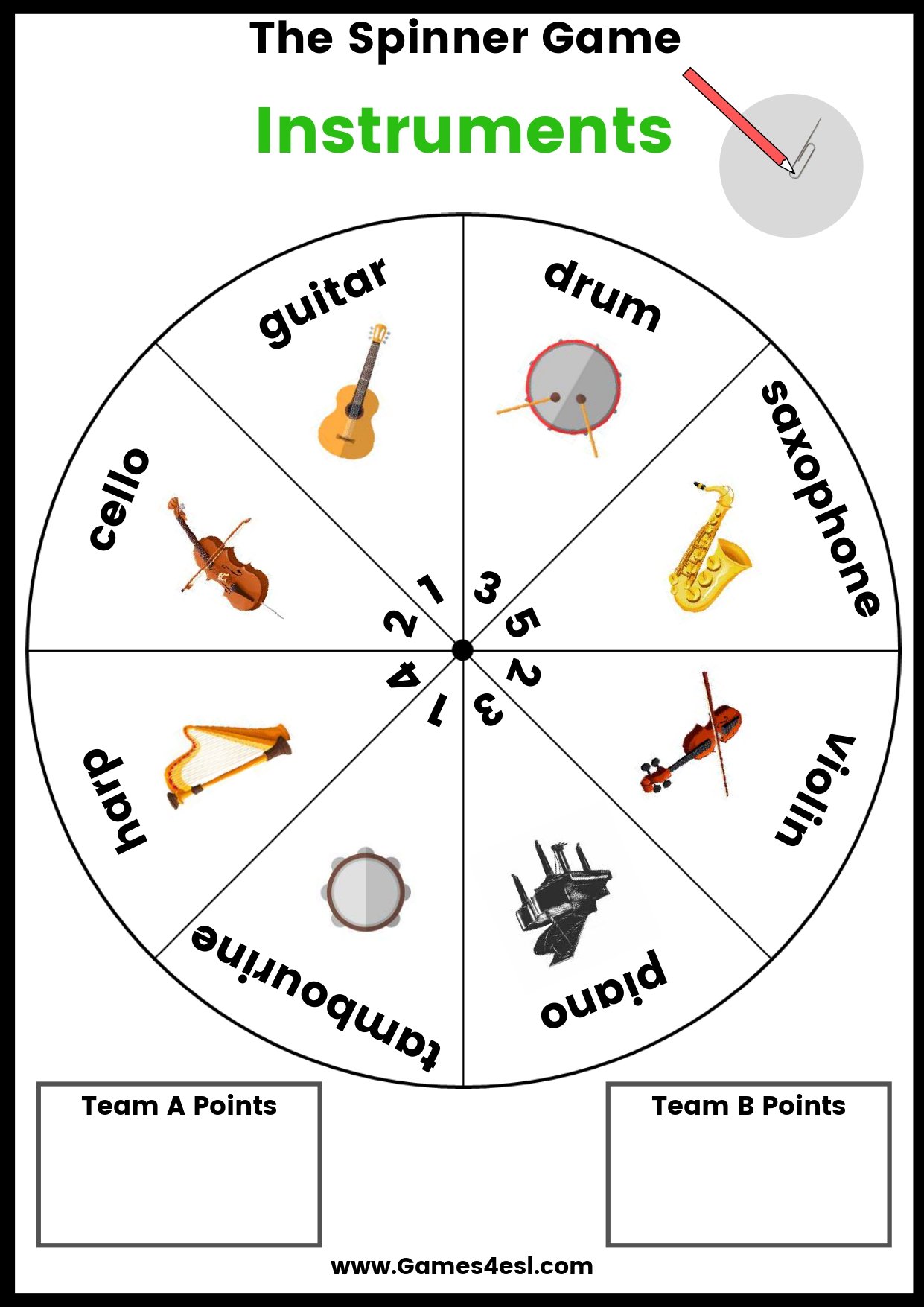 A printable board game to teach the names of musical instruments in English.