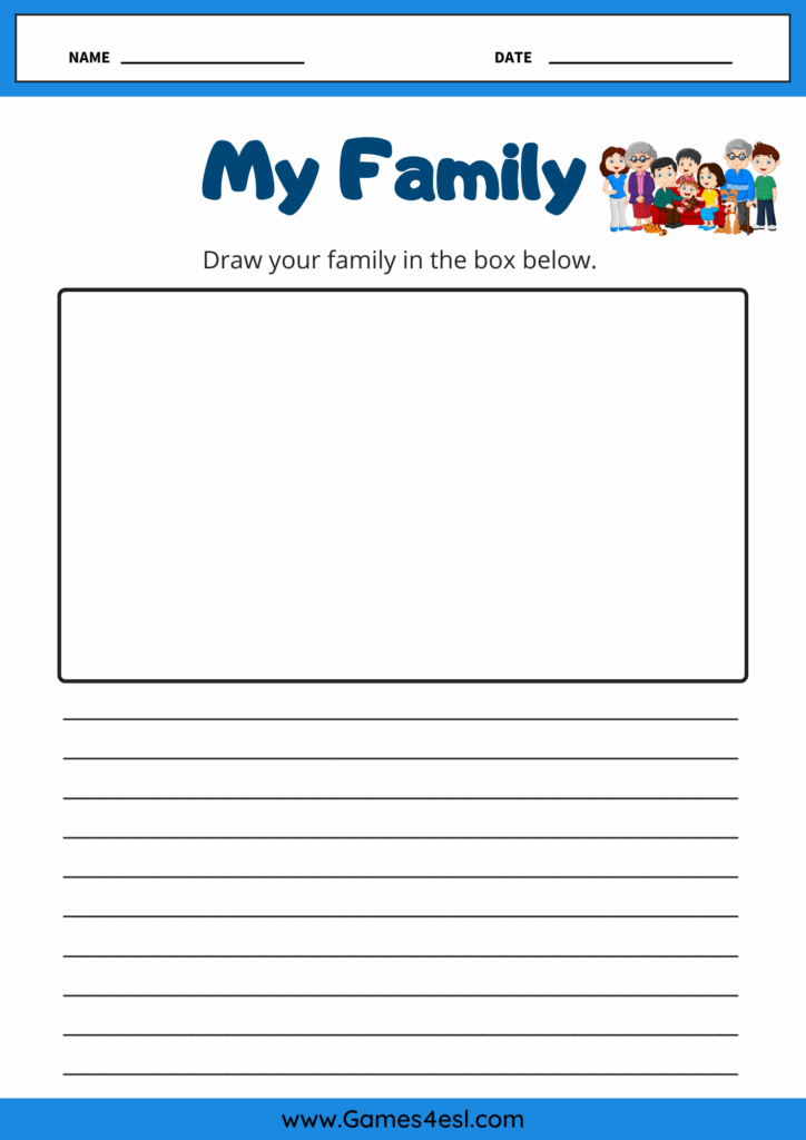 A activity worksheet for kids about drawing their family.