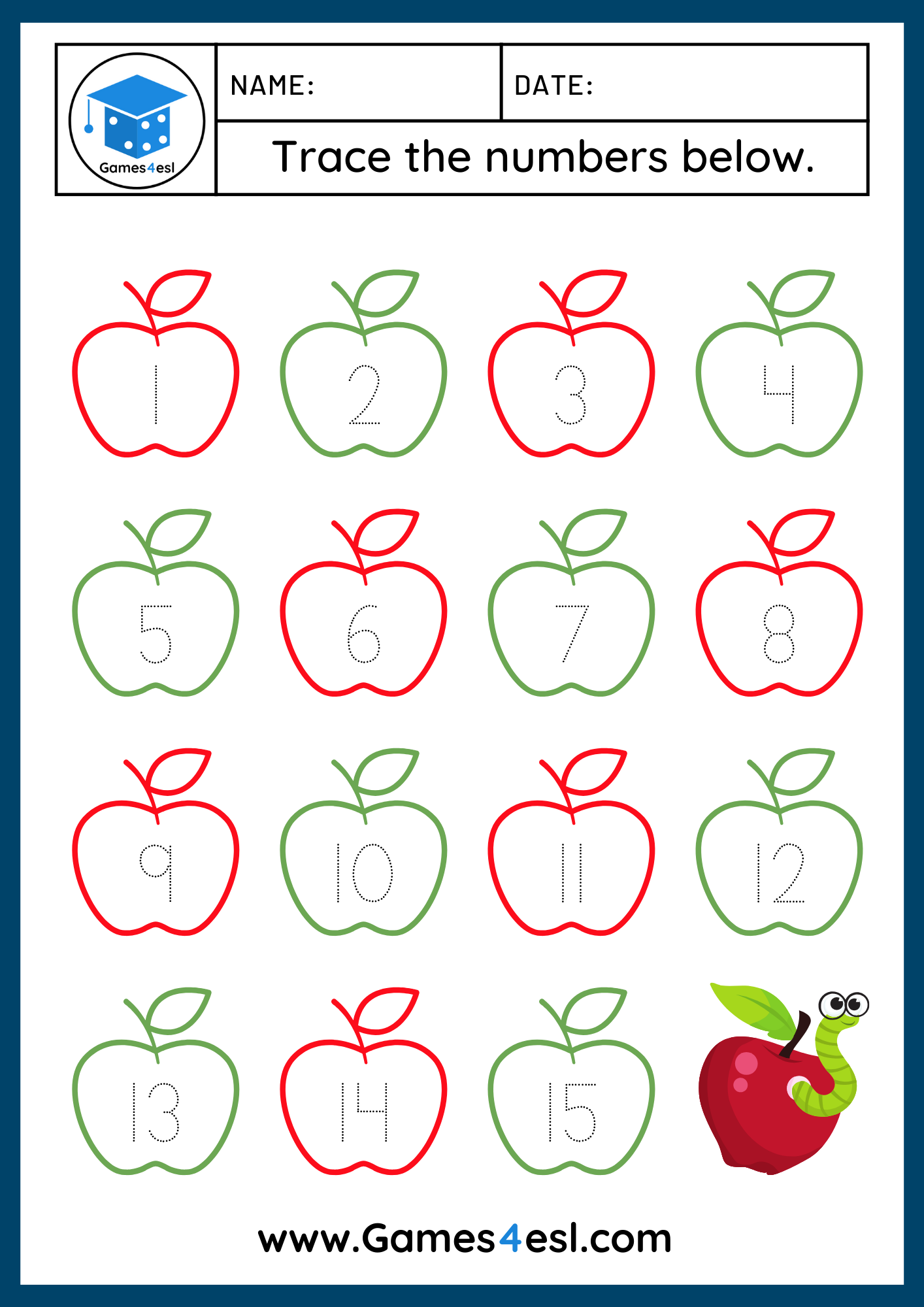 Number tracing worksheet for numbers 1 to 15 with apples to trace and color.