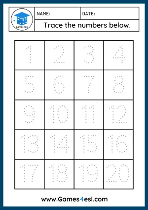 Number Tracing Worksheets 1 to 20 