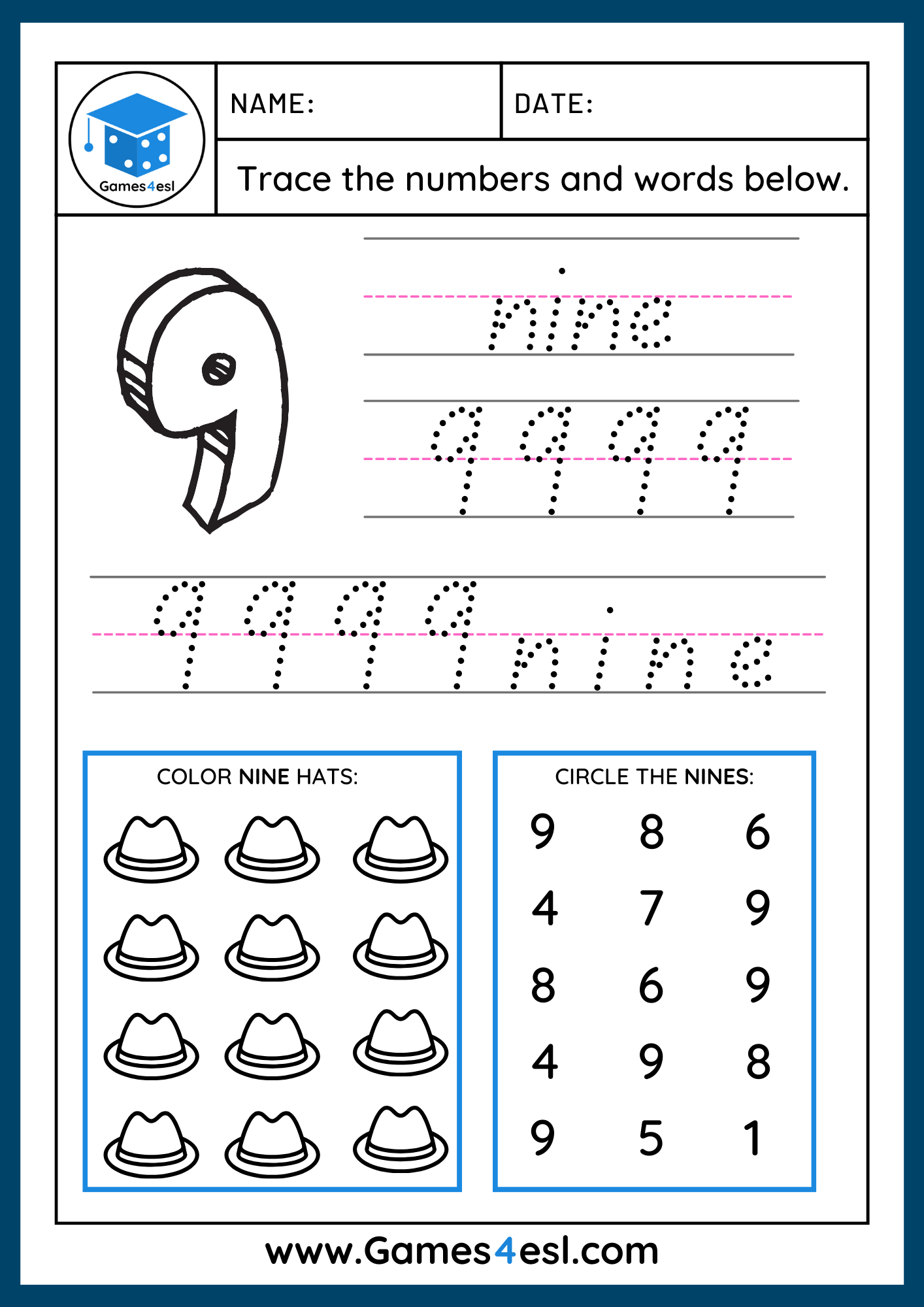 Printable number tracing worksheet for numbers 1 to 10 with tracing and coloring activities.