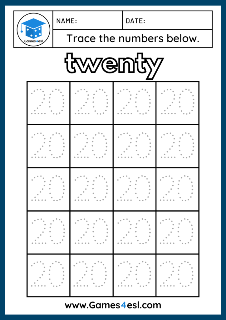 Number tracing worksheets pdf for numbers 1 to 20.