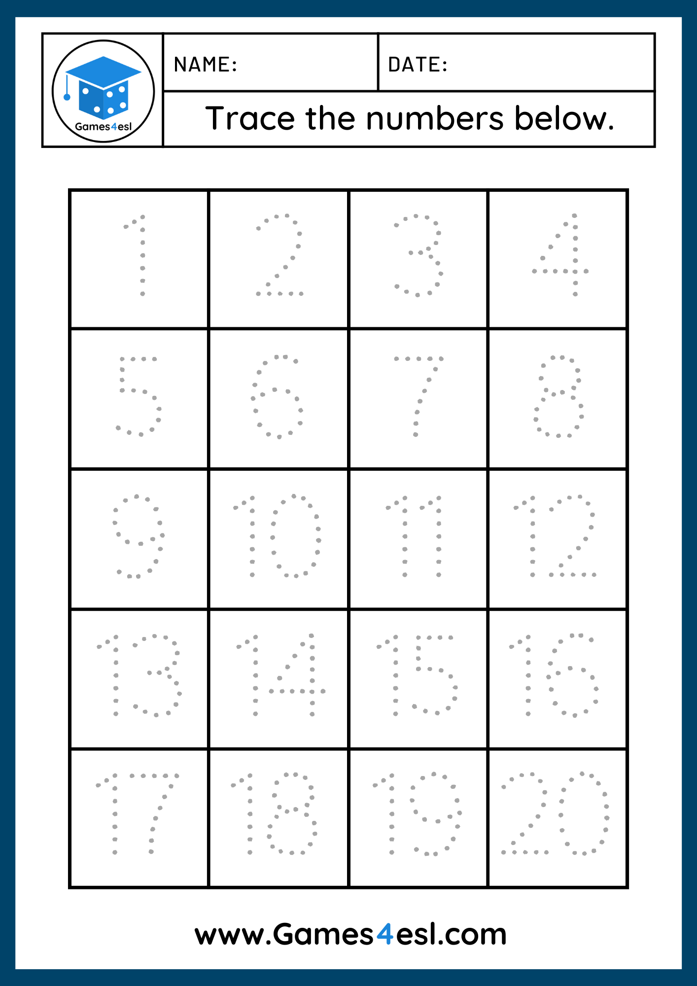One page worksheet to trace numbers 1 to 20.