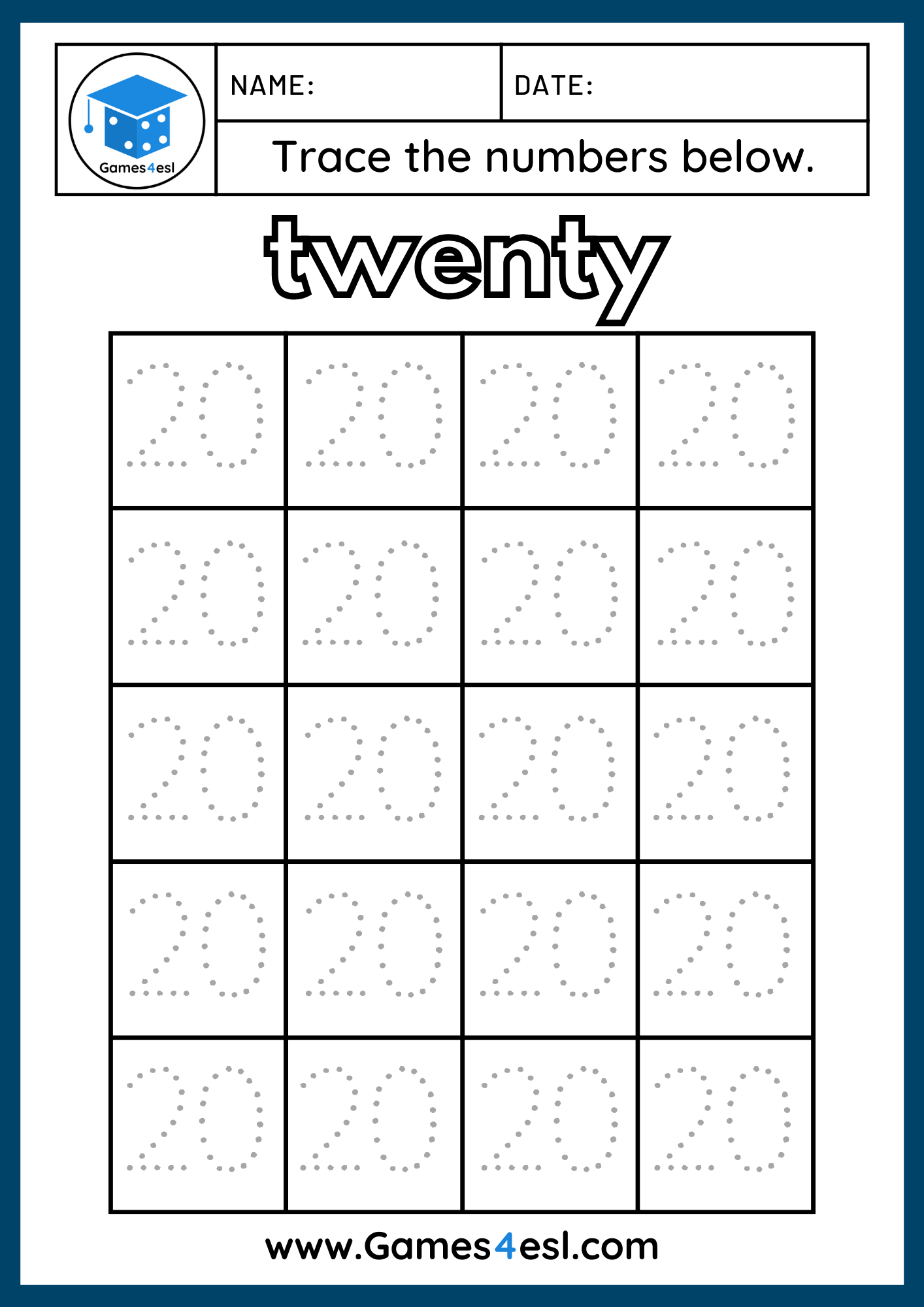 Printable number tracing worksheet for numbers 1 to 20 with large numerals and tracing practice.
