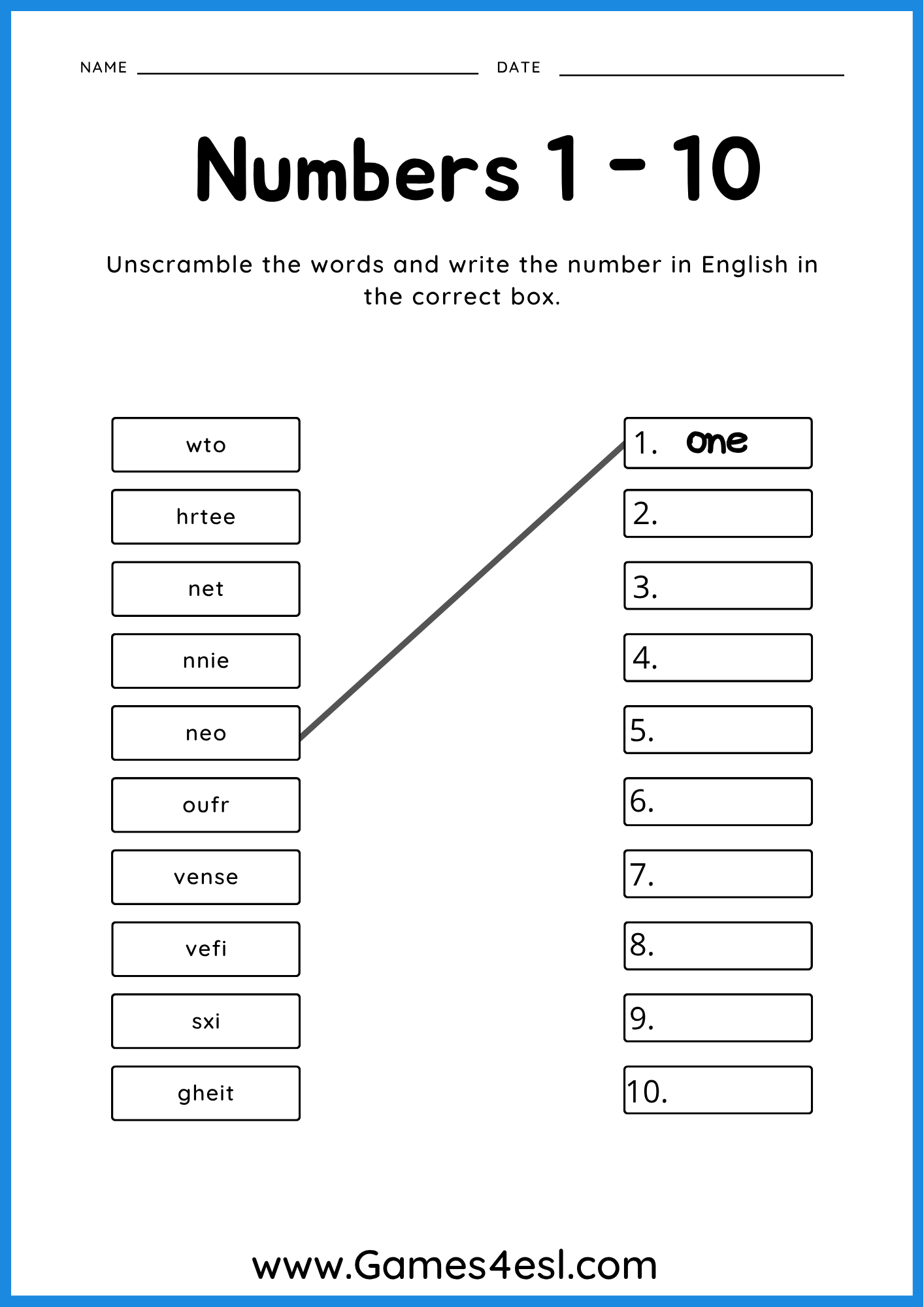 A Numbers 1 to 10 Worksheet for kids.