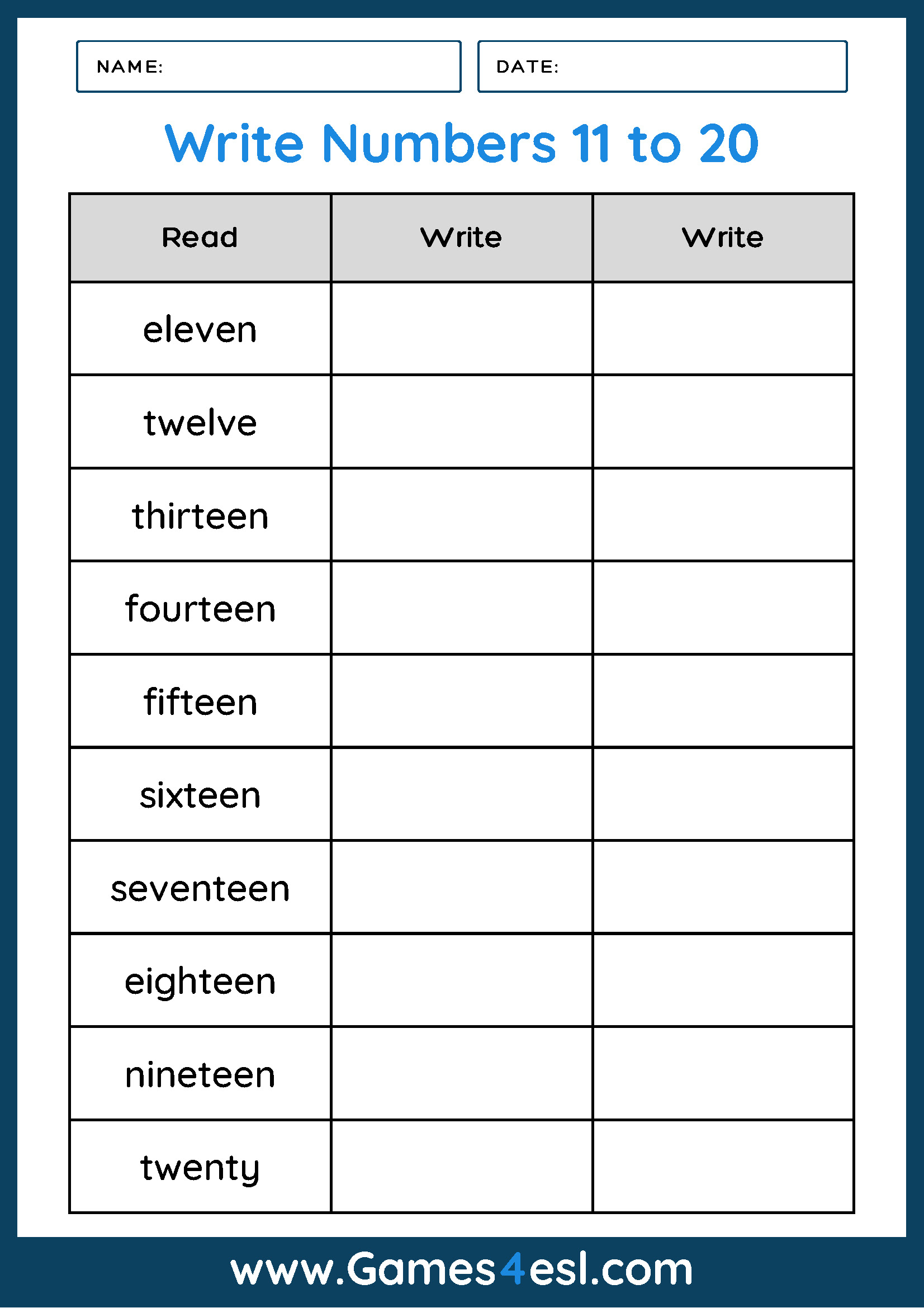 Write numbers 11 to 20 as words worksheet