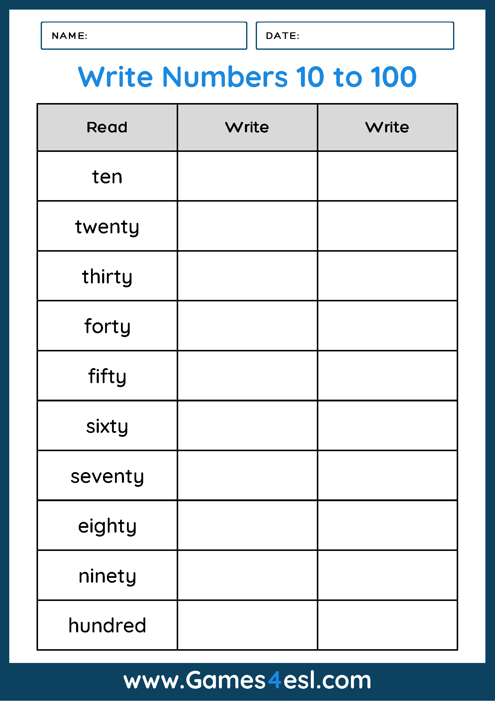 Write numbers as words worksheet up to hundred