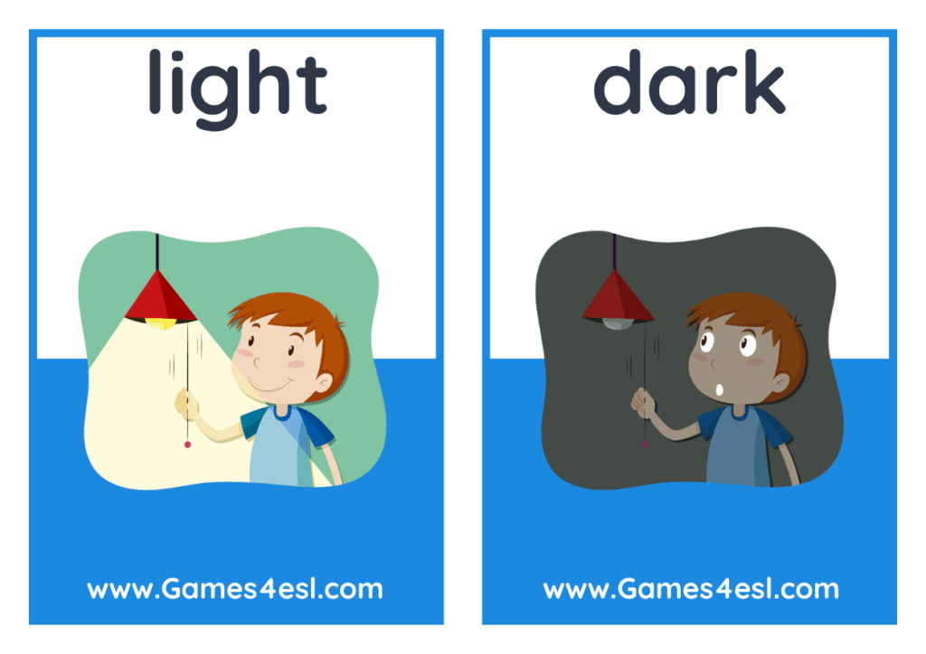 Preview of opposite words flashcards showing the words light and dark.
