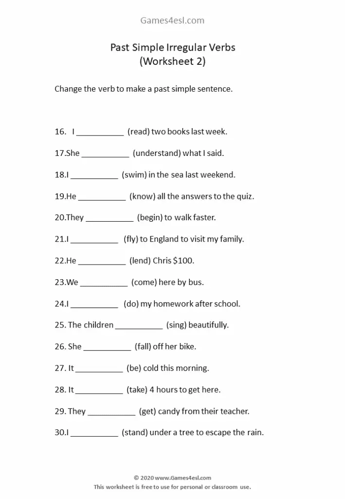 Past Tense Worksheets | ESL Worksheets | Games4esl