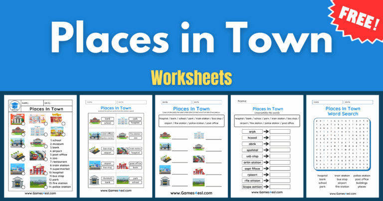 Previews of 5 Places in Town worksheets on a blue background.