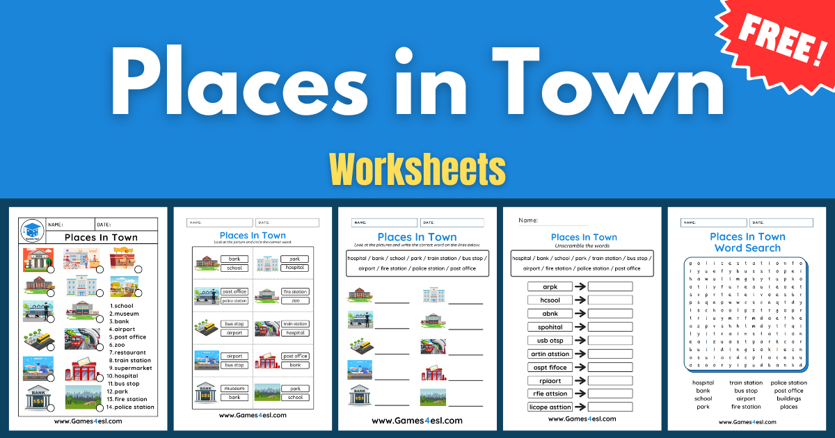Previews of 5 Places in Town worksheets on a blue background.