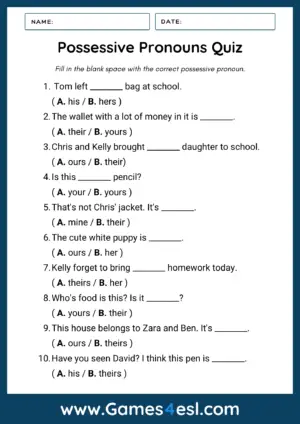 Possessive Pronouns Quiz PDF