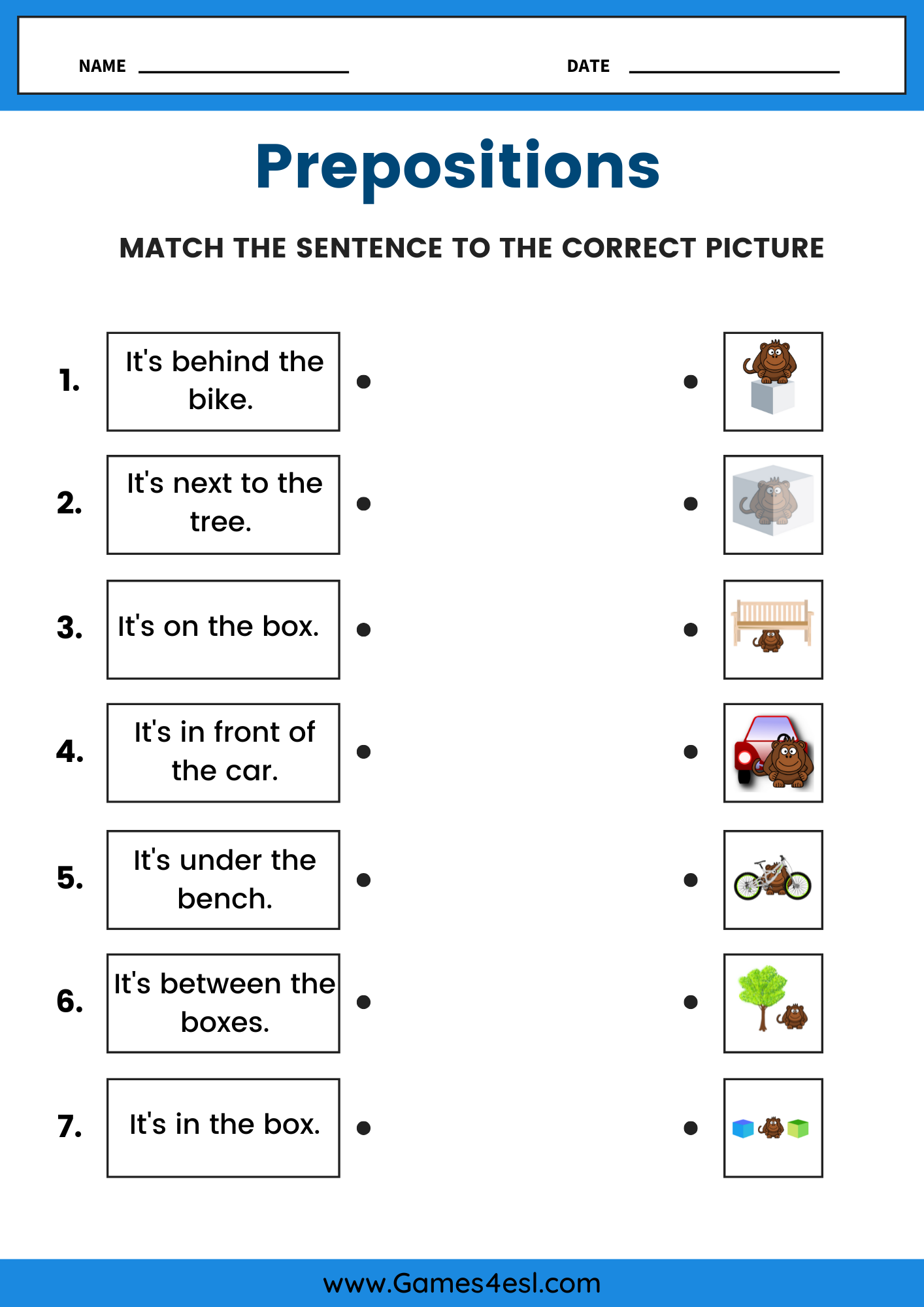 A prepositions worksheet where students match the location word to the picture.