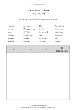 Prepositions Of Time Worksheets