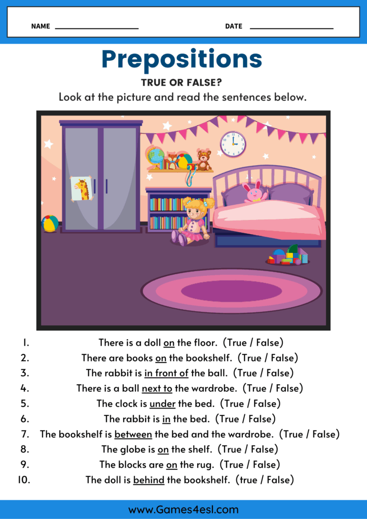 An ESL prepositions of place reading activity worksheet.