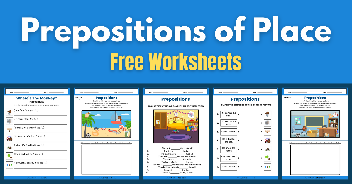 A collection of printable worksheets about prepositions of place for ESL students.