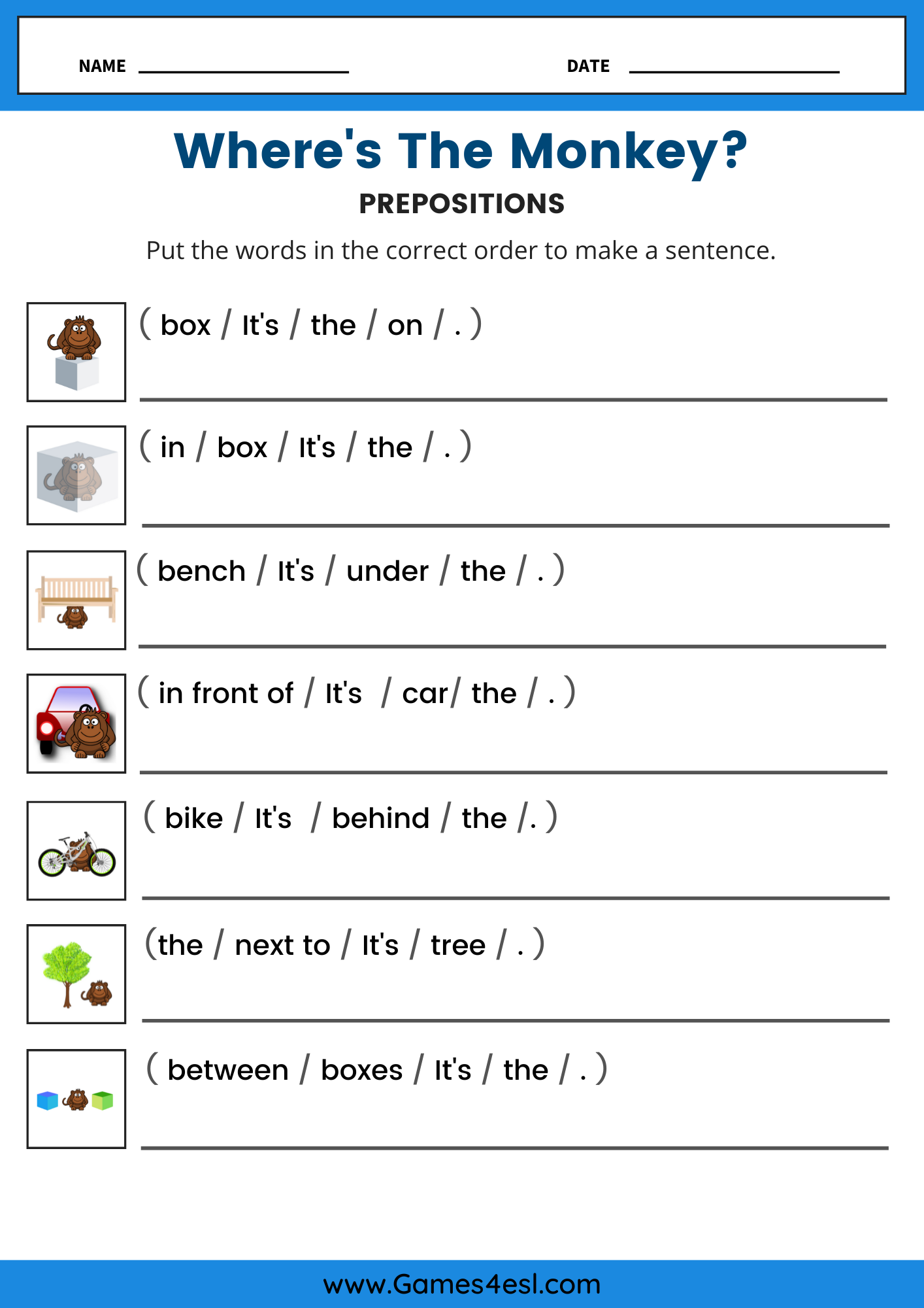 A printable prepositions of place worksheet for kids.
