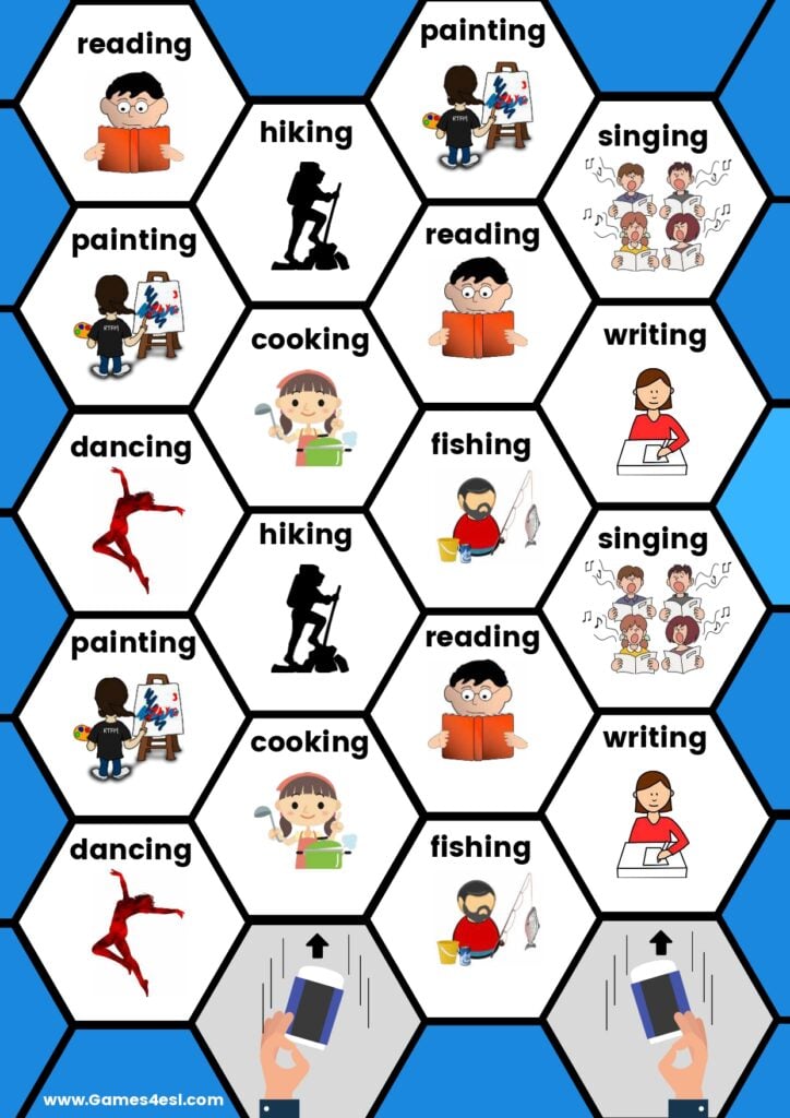 A printable board game for teaching the present continuous tense.