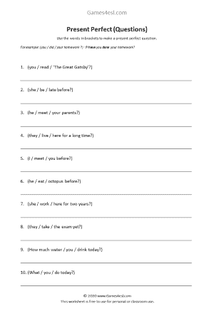 Present Perfect Questions Worksheet