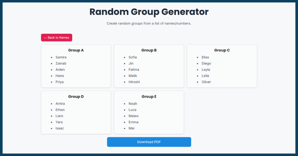 A screenshot of a Random Group Generator