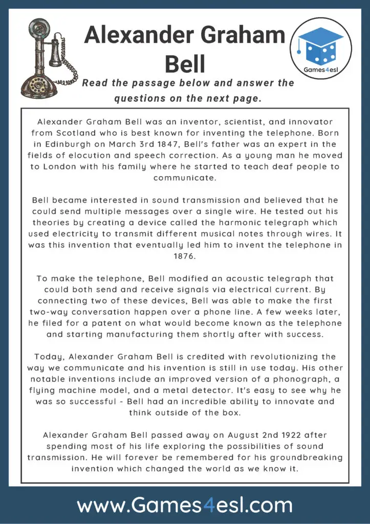Reading Comprehension Worksheet About Alexander Graham Bell