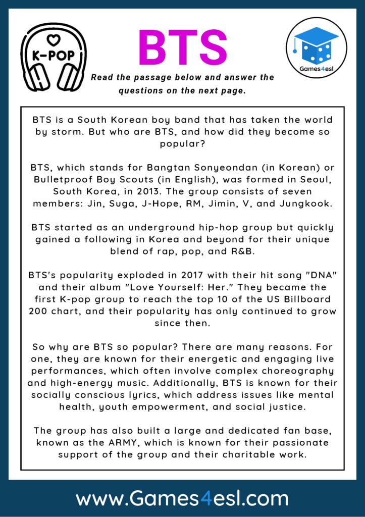 Reading Comprehension Worksheet About BTS