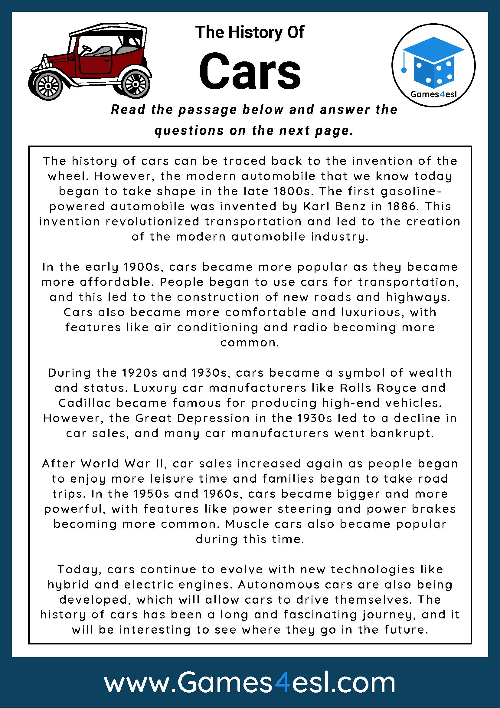 Cars - Reading Comprehension Worksheet | Games4esl cars-reading-comprehension-worksheet-games4esl