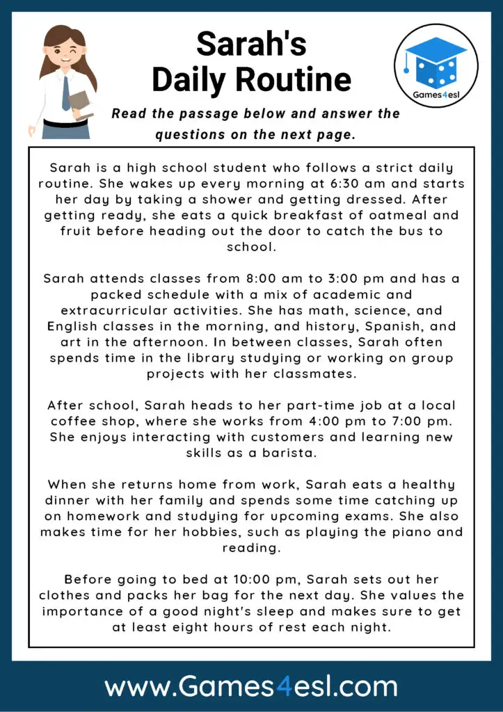 Reading Comprehension Worksheet About Daily Routine
