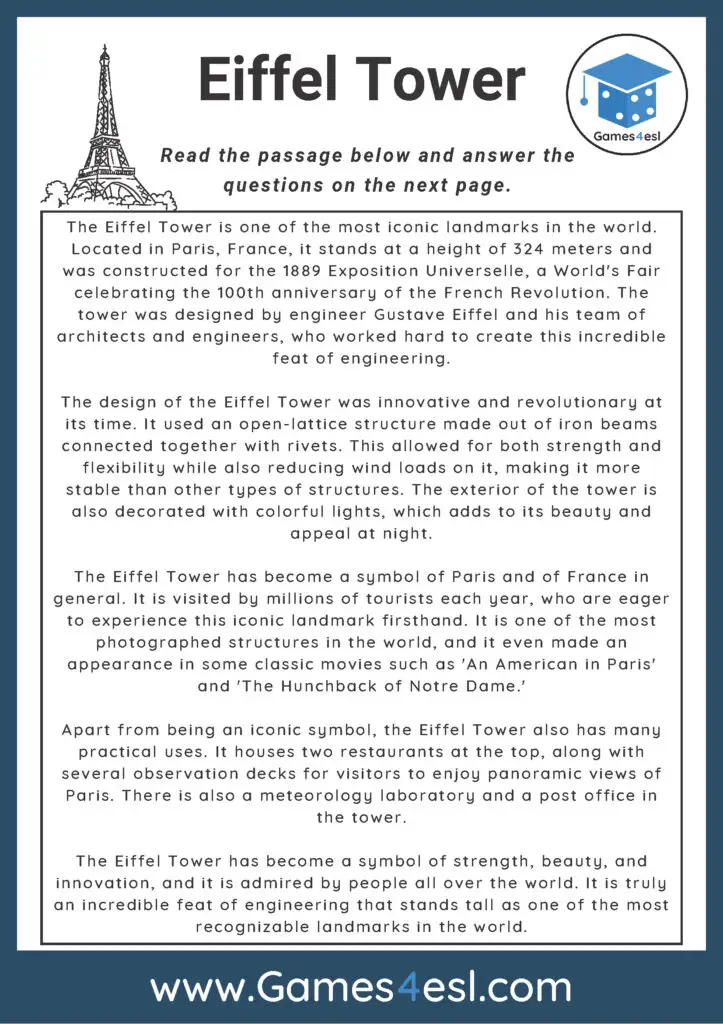 Reading Comprehension Worksheet About Eiffel Tower