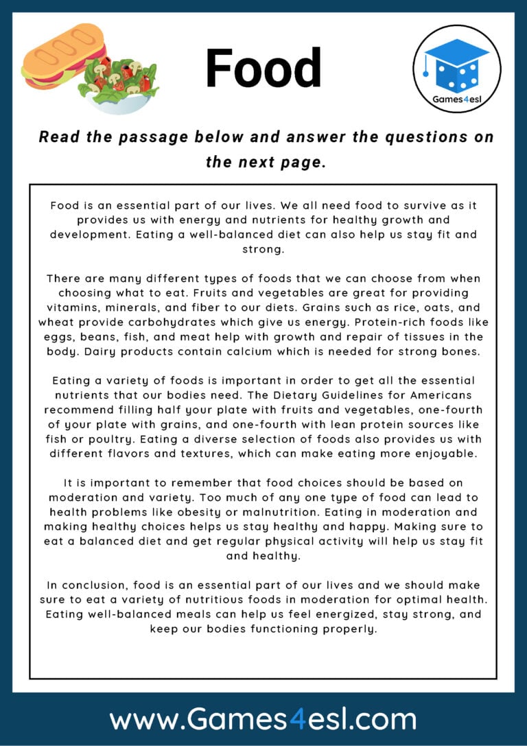 Food Reading Comprehension Worksheet Games4esl Food Reading Comprehension Worksheet Games4esl