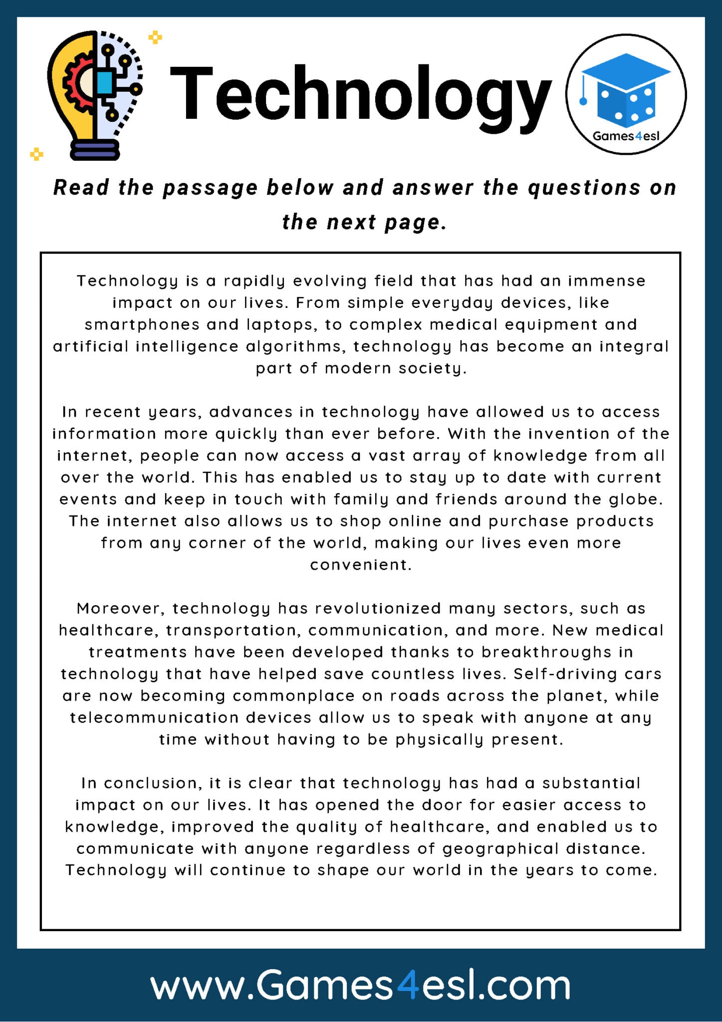 Technology - Reading Comprehension Worksheet | Games4esl