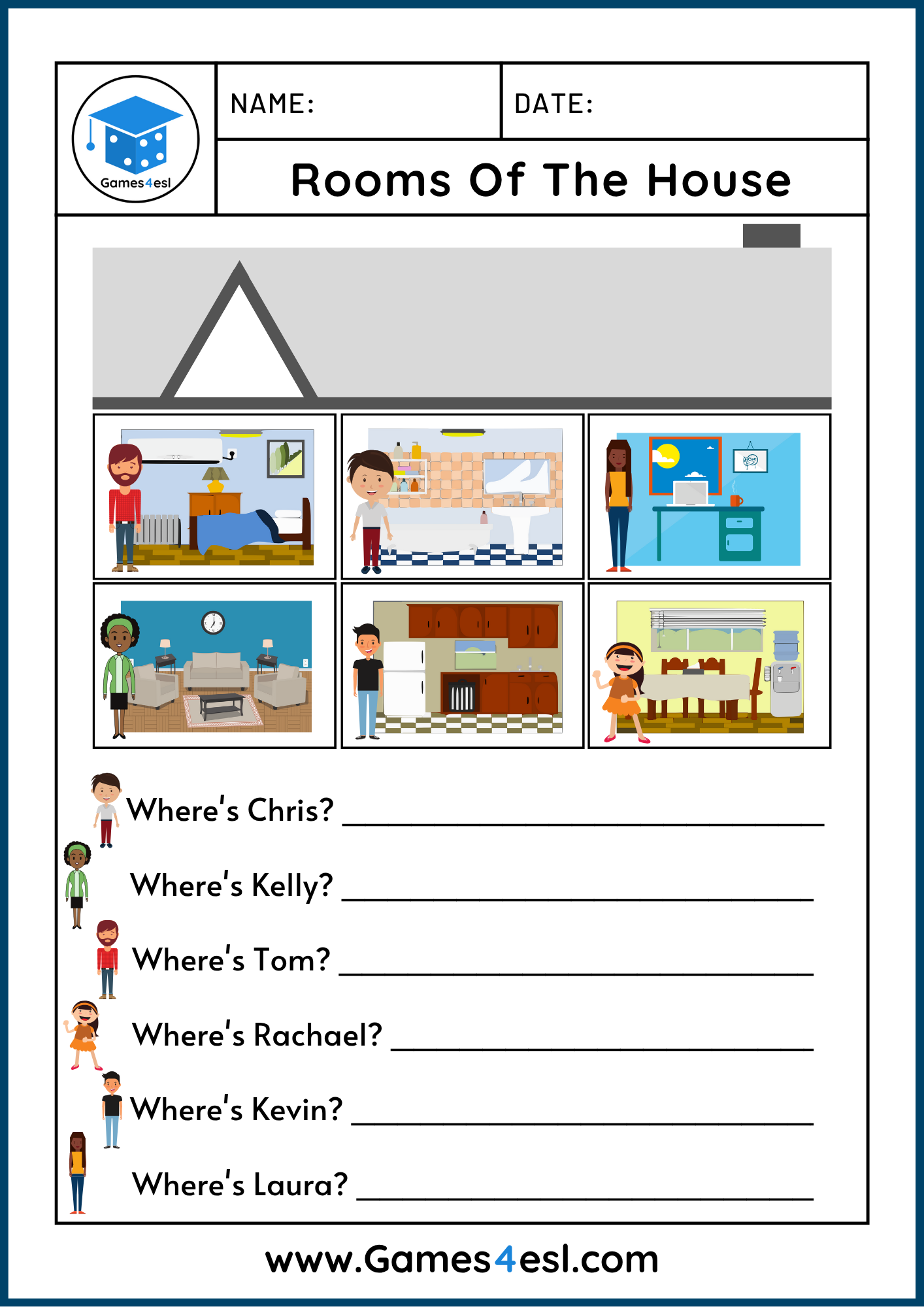 Worksheet where students find people in house scenes and answer questions in full sentences.
