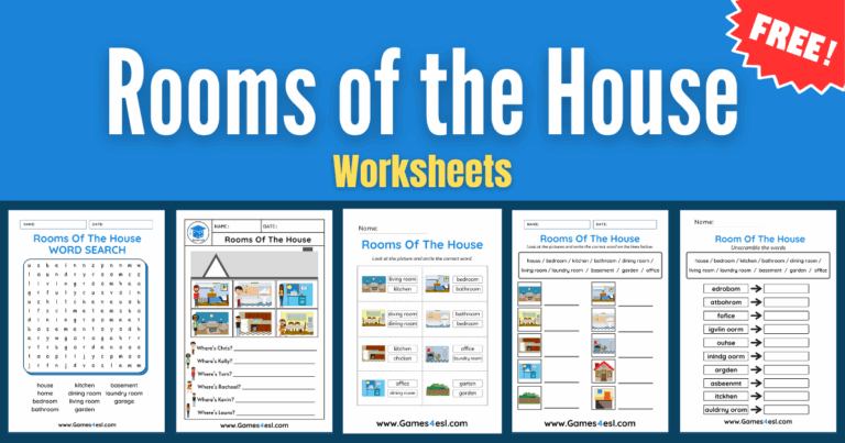 A collage showing rooms of the house worksheets for ESL classes.
