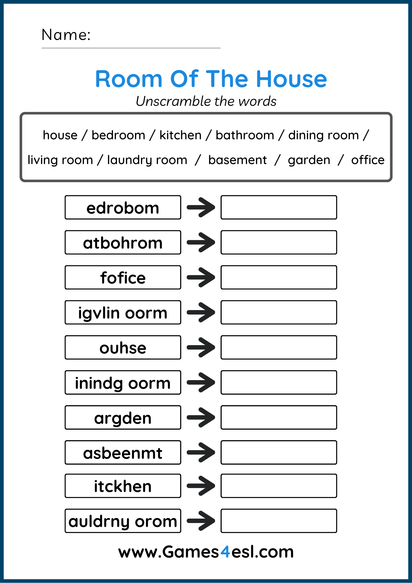 Worksheet with scrambled letters for students to rearrange into correct room names.