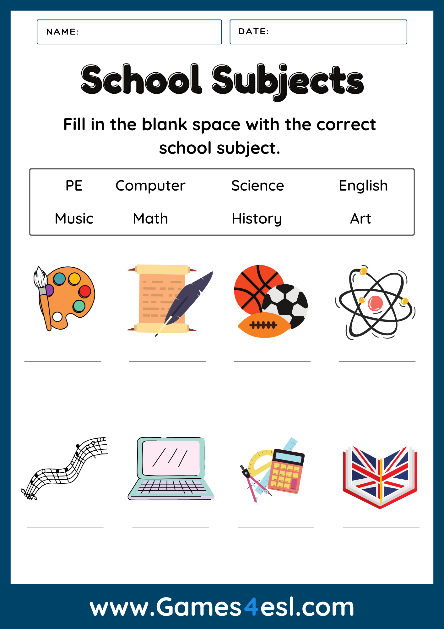 Worksheet with sentences about school subjects where students fill in the missing subject name.