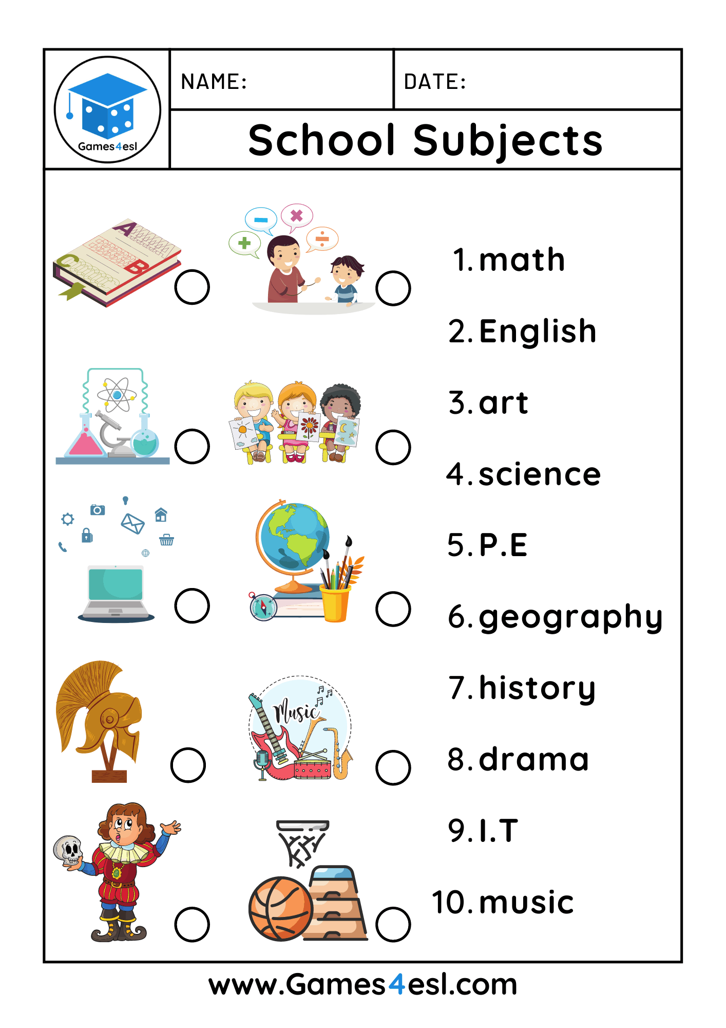 school-subject-worksheets-games4esl