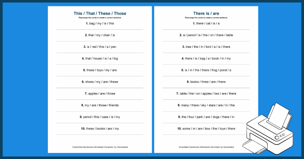 Example worksheets from a Scrambled Sentences Worksheet Generator