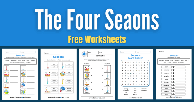 Preview of five free printable seasons worksheets for teaching spring, summer, fall, and winter vocabulary in English.
