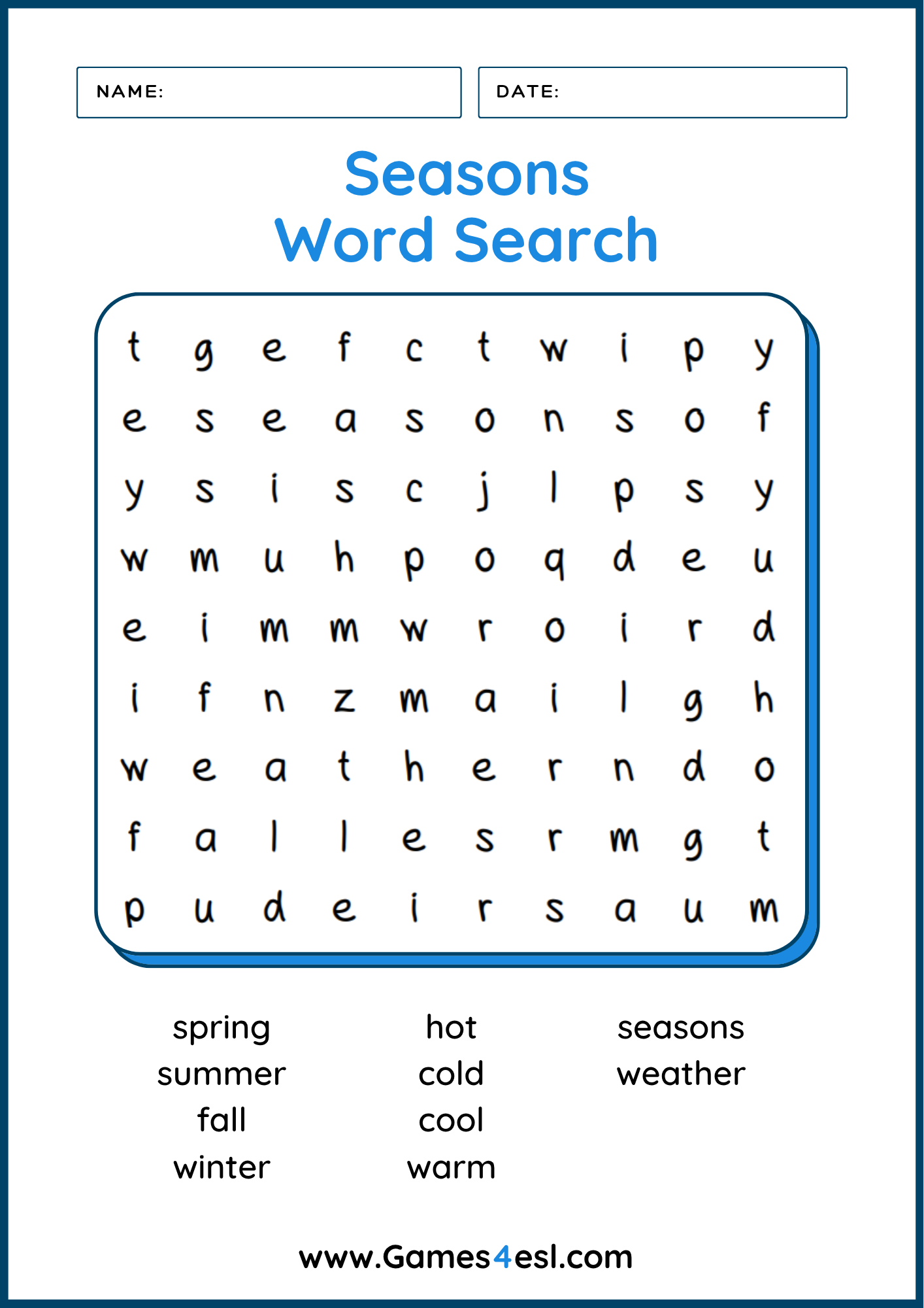 Printable word search with vocabulary for the four seasons and related weather terms.