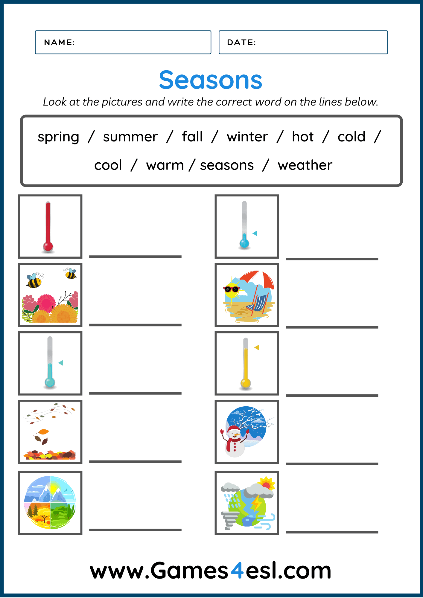 Free Seasons Worksheets Games4esl