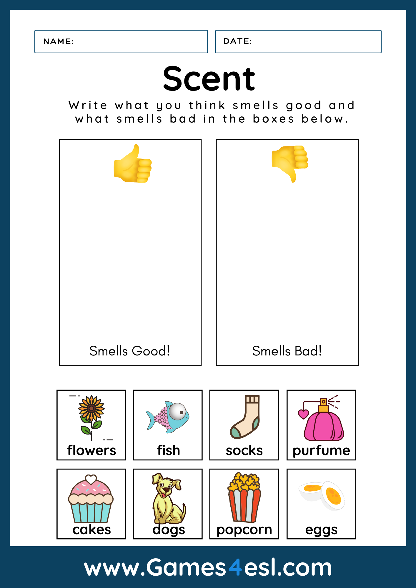 Printable sense of smell worksheet for ESL lessons