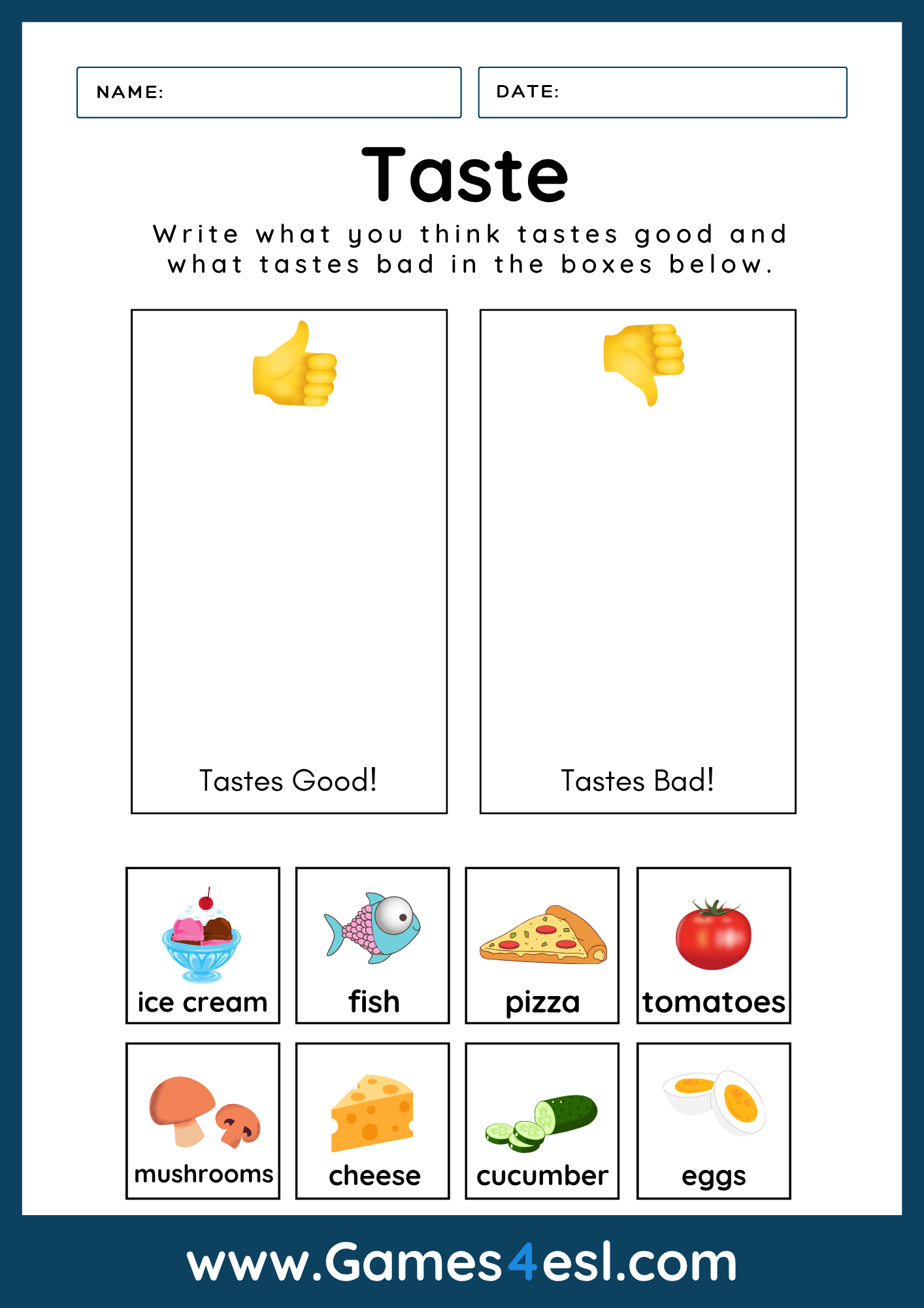 Printable sense of taste worksheet for ESL learners